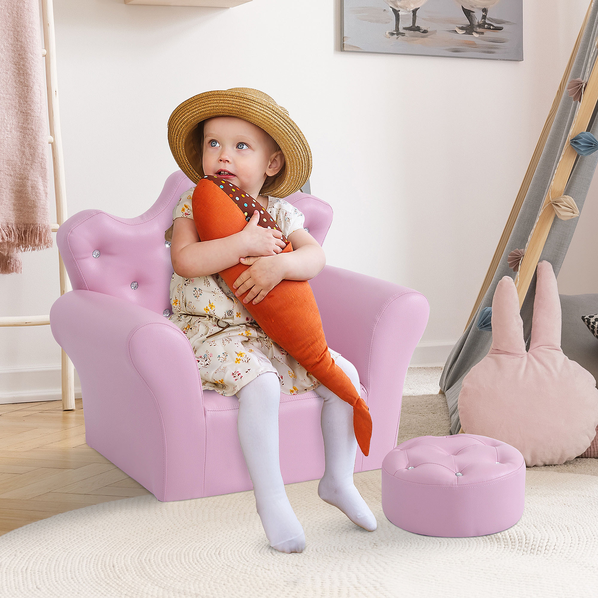 Kids Sofa Set With Footstool, Princess Sofa With Diamond Decoration