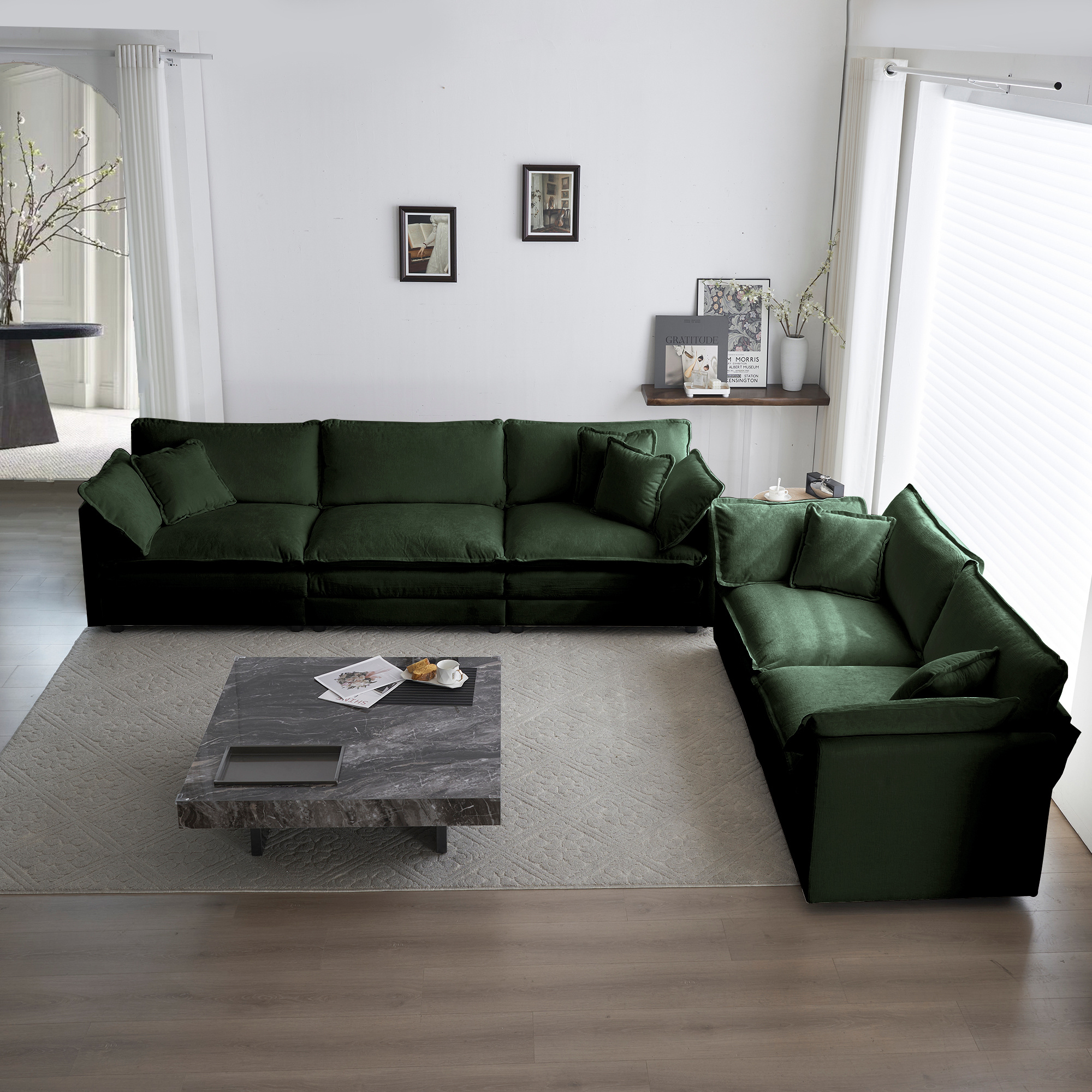 Sofa Set Of 2 Chenille Couch, 2-3 Seater Sofa Set Deep Seat Sofa, Modern Sofa Set For Living Room, Green Chenille