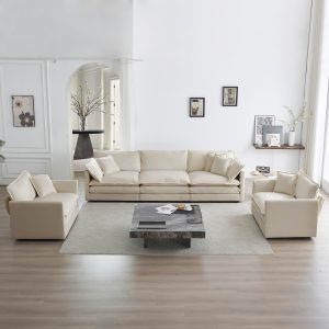Sofa Set Of 3, 1-1-3 Seats Living Room Sofa Set, Accent Chair, Loveseat, And Three-Seat Sofa Modern Style Round Arms 3 Piece Sofa Set, Beige Chenille