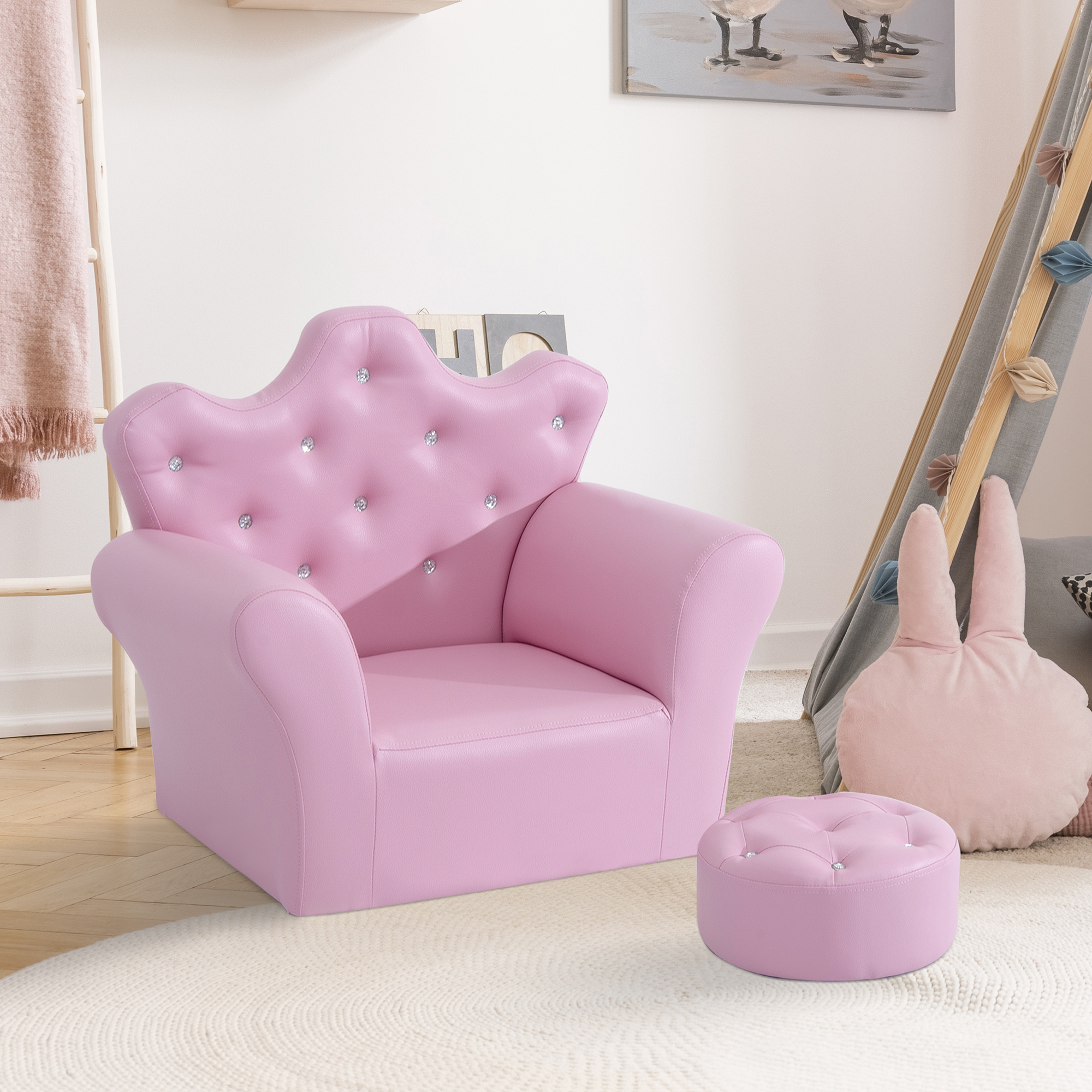 Kids Sofa Set with Footstool, Princess Sofa with Diamond Decoration