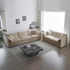 Sofa Set Of 2 Chenille Couch, 2-3 Seater Sofa Set Deep Seat Sofa, Modern Sofa Set For Living Room, Beige Chenille