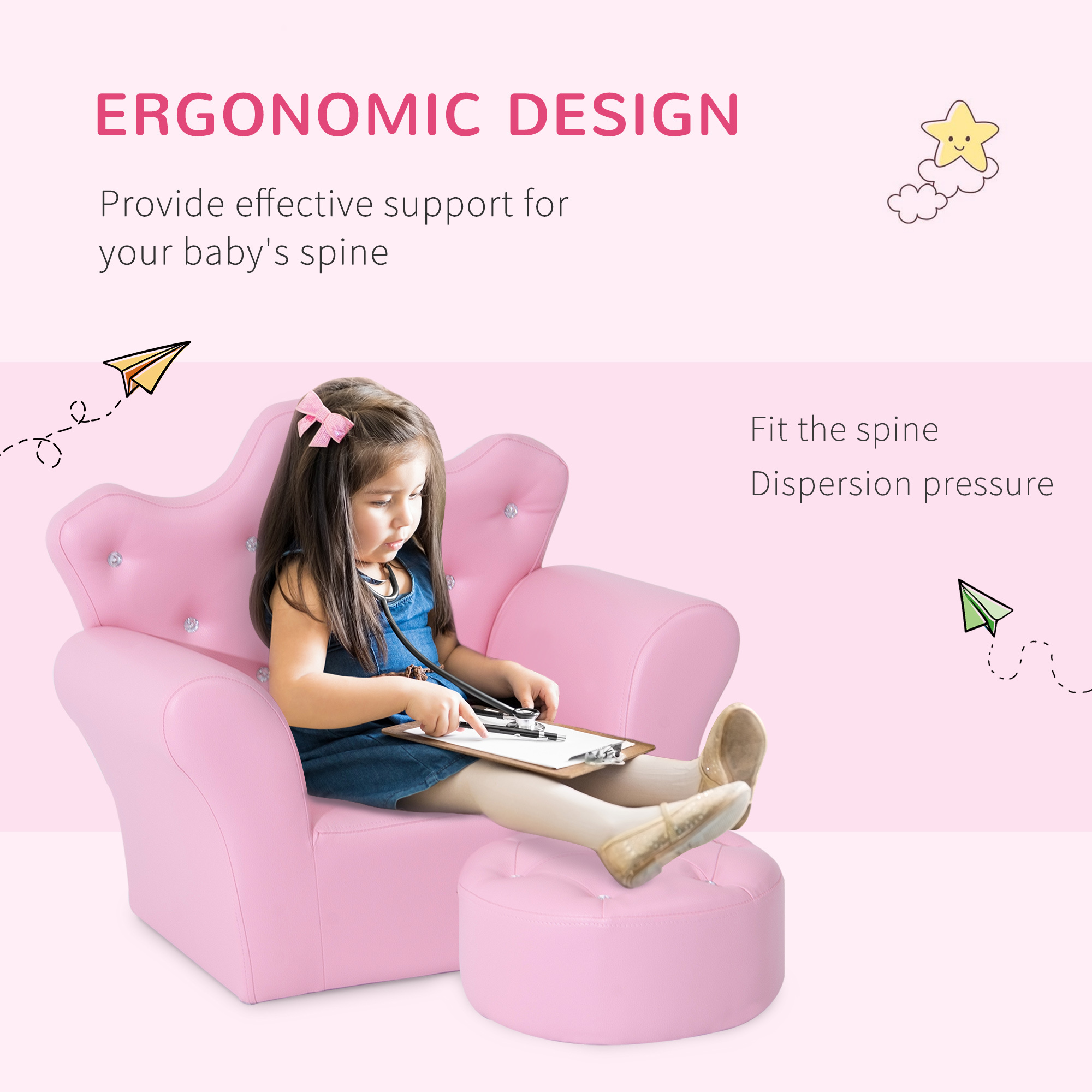 Kids Sofa Set With Footstool, Princess Sofa With Diamond Decoration