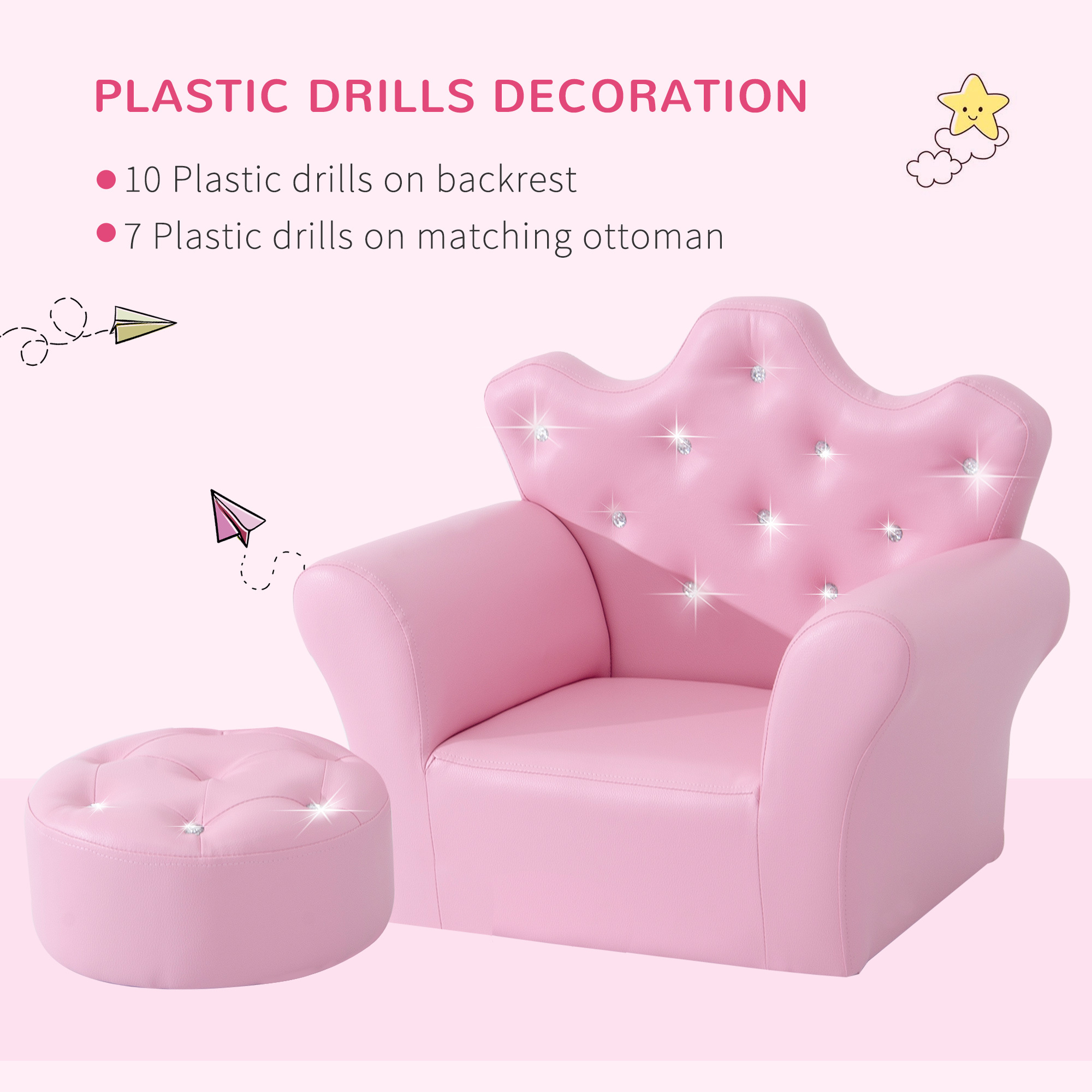 Kids Sofa Set With Footstool, Princess Sofa With Diamond Decoration