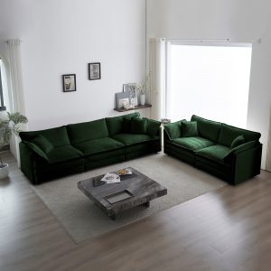 Sofa Set Of 2 Chenille Couch, 2-3 Seater Sofa Set Deep Seat Sofa, Modern Sofa Set For Living Room, Green Chenille