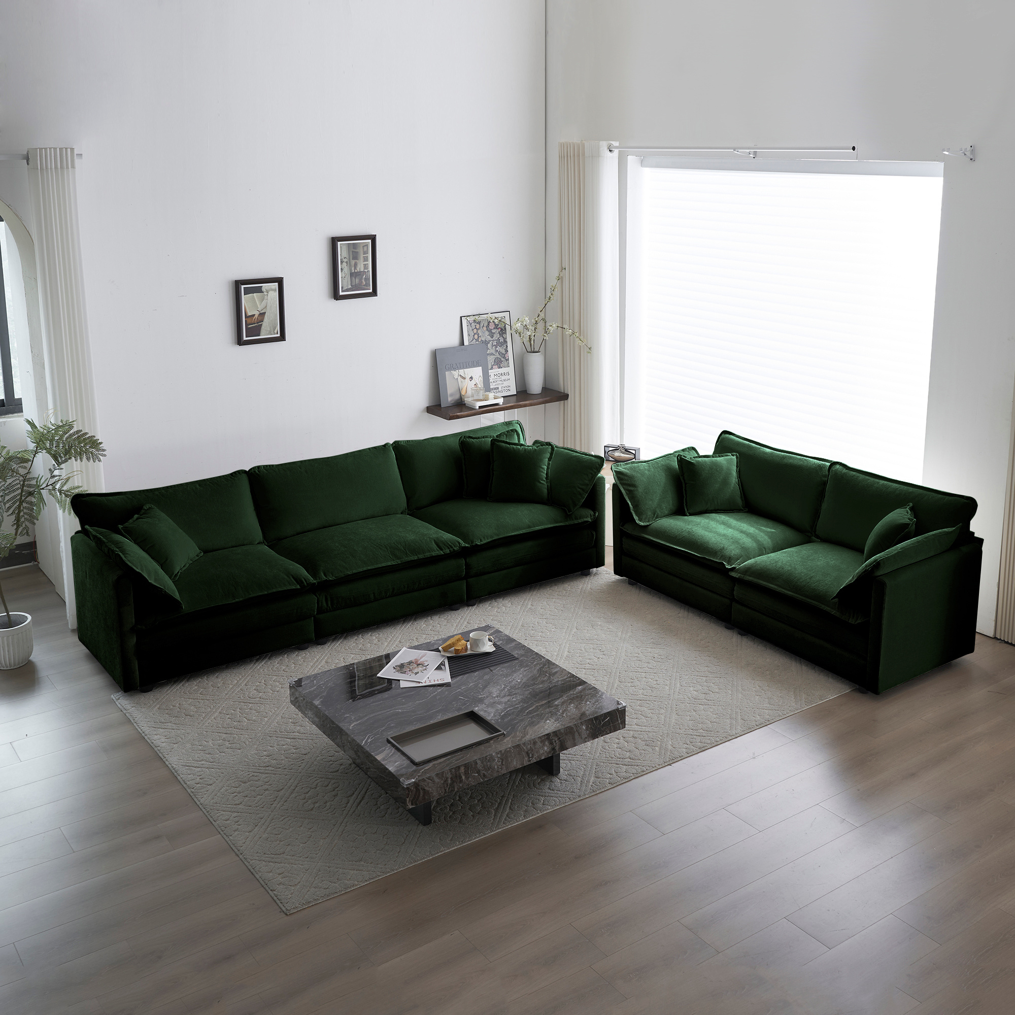 Sofa Set Of 2 Chenille Couch, 2-3 Seater Sofa Set Deep Seat Sofa, Modern Sofa Set For Living Room, Green Chenille