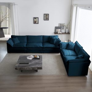 Sofa Set Of 2 Chenille Couch, 2-3 Seater Sofa Set Deep Seat Sofa, Modern Sofa Set For Living Room, Blue Chenille