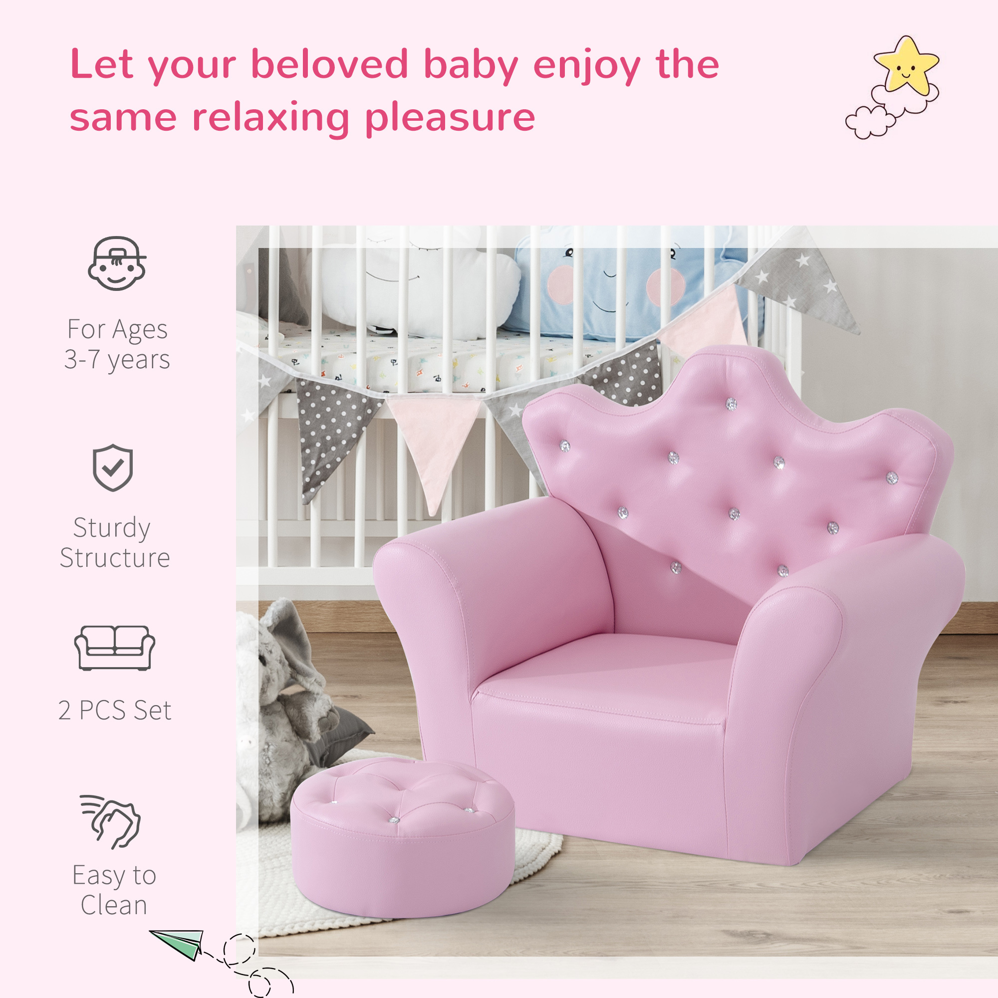 Kids Sofa Set with Footstool, Princess Sofa with Diamond Decoration